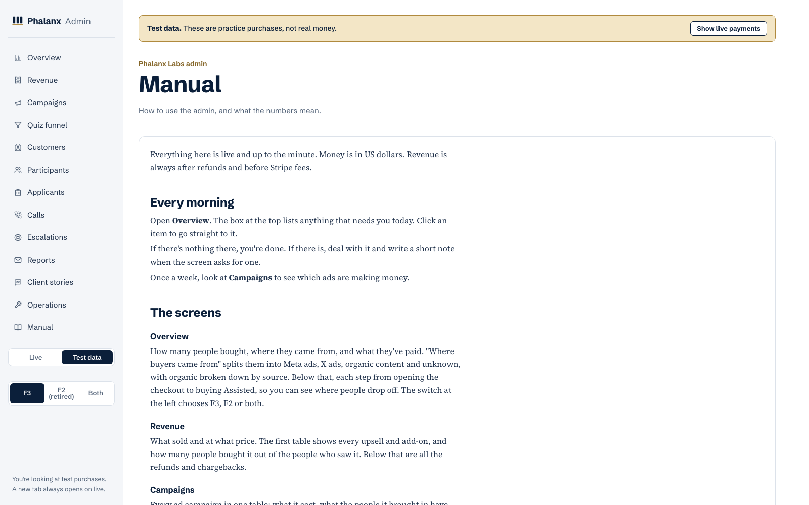 BCD admin Manual screen explaining the daily routine and what each admin screen shows