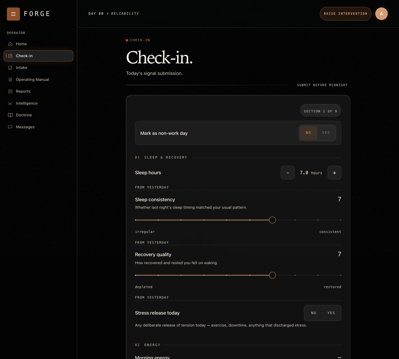 Forge operator daily check-in form open on the Sleep and Recovery section, with sliders for sleep consistency and recovery quality and a stepper for sleep hours