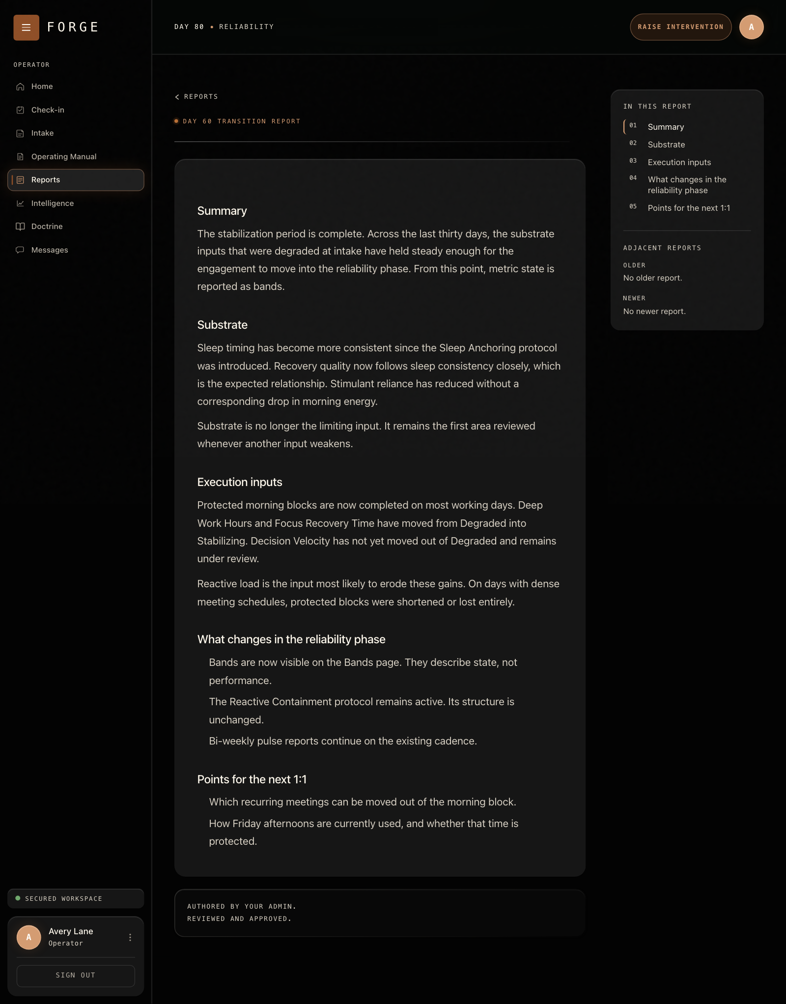 A delivered Day 60 Transition Report in the operator reading view, with sections on substrate, execution inputs, phase changes and points for the next one to one