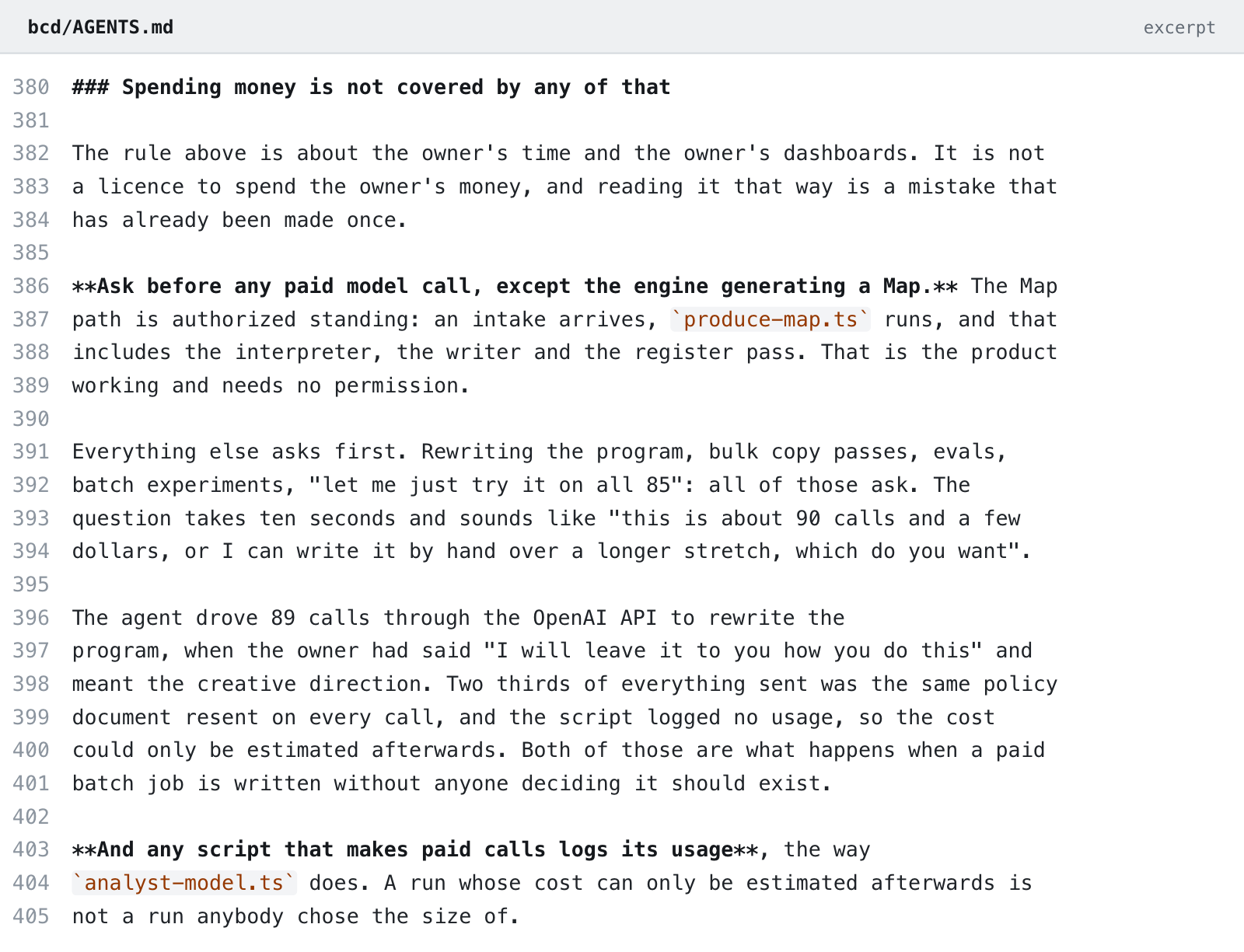 Rulebook section requiring the agent to ask before any paid model call, written after an agent made 89 unapproved calls