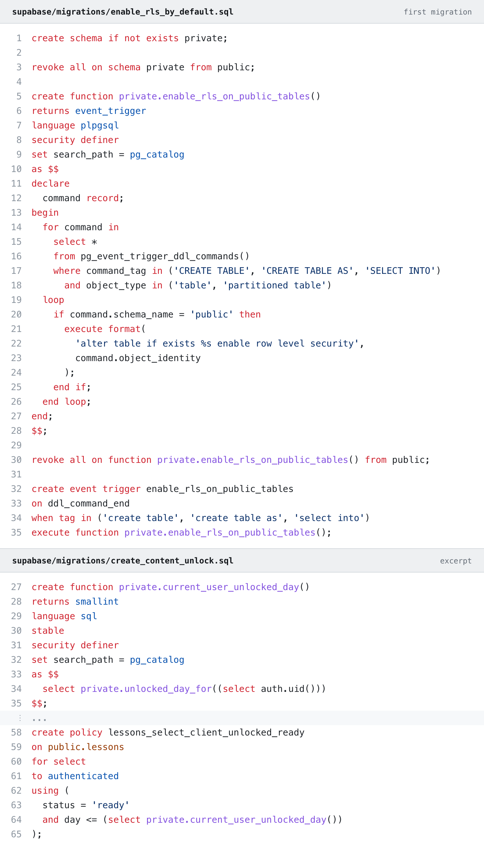 Two SQL migrations: an event trigger that switches on row-level security for every new table, and a policy that lets a client read only the lessons unlocked for their own login